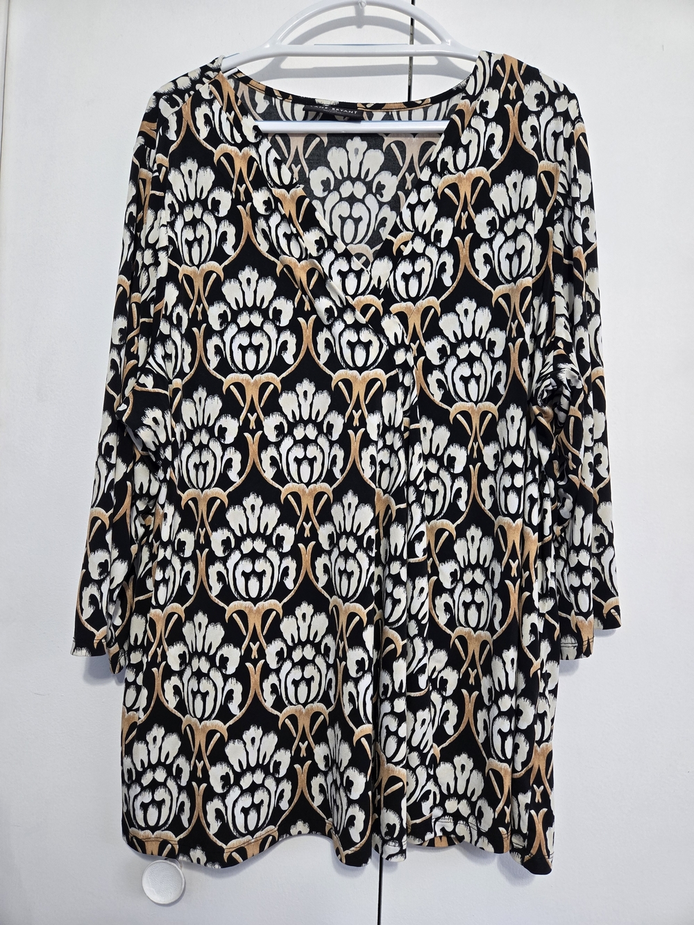 Lane Bryant 22/24 Faux Wrap Tunic Top Black Ivory Tan Print Plus‎ Size